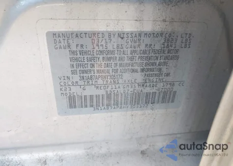 2017 Nissan Sentra S/Sv/Sr/Sl z USA, uszkodzony, nr VIN 3N1AB7AP8HY305172